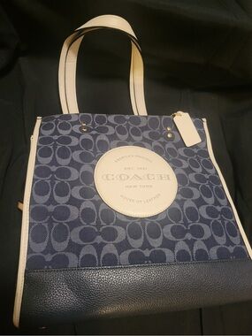 Coach Navy Signature Canvas Tote with Cream Trim
